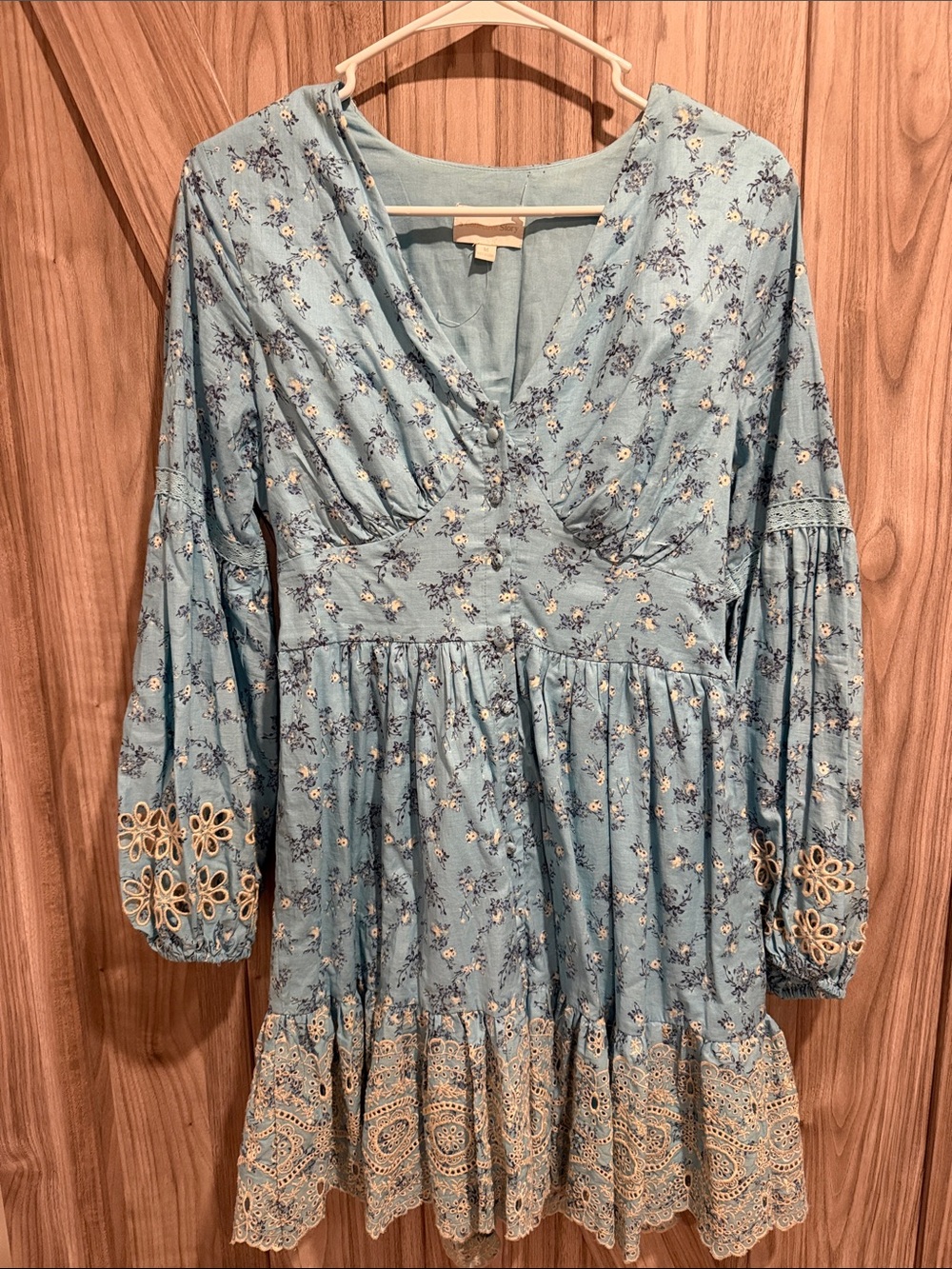 Blue Floral Lace-Trim V-Neck Dress